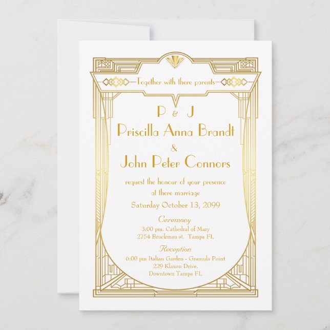 Einladungskarte für Hochzeiten, Great Gatsby, weiß (Vorderseite)