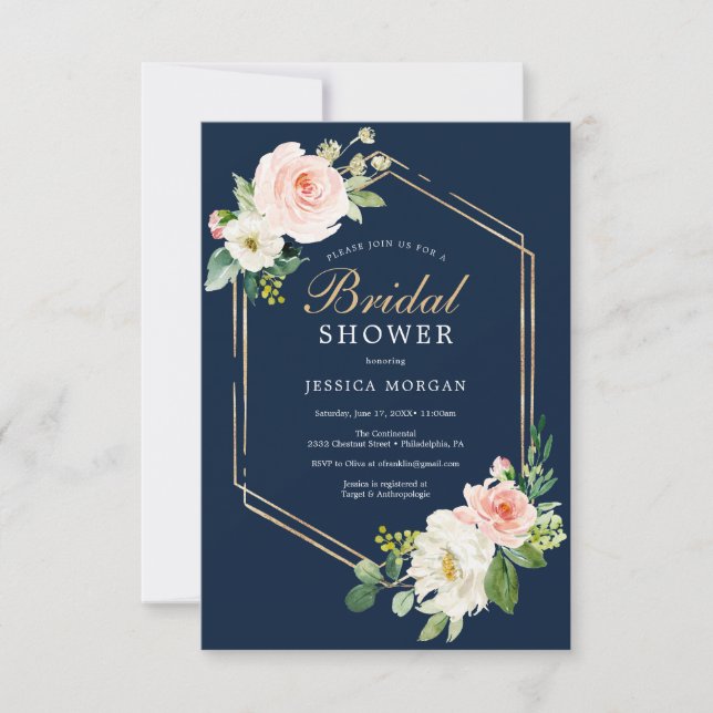 Einladungskarte für Navy Blue Gold Blush Bridal Du (Vorderseite)