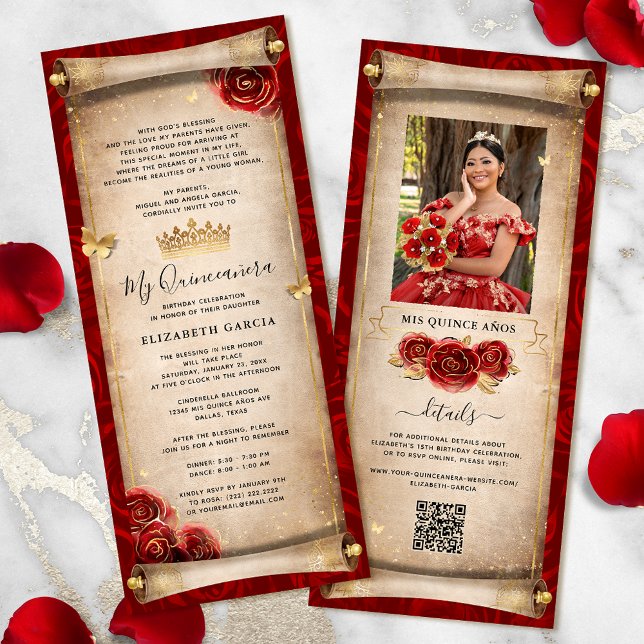 Einladungskarte für Red and Gold Quinceanera Scrol (Elegant red and gold quinceanera scroll invitation cards for your fairytale birthday party.)