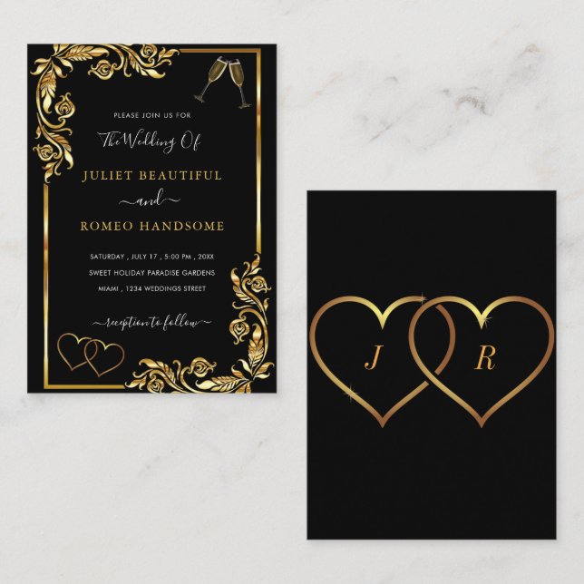 Einladungskarte für Schwarz-Gold-Hochzeiten (Vorne/Hinten)