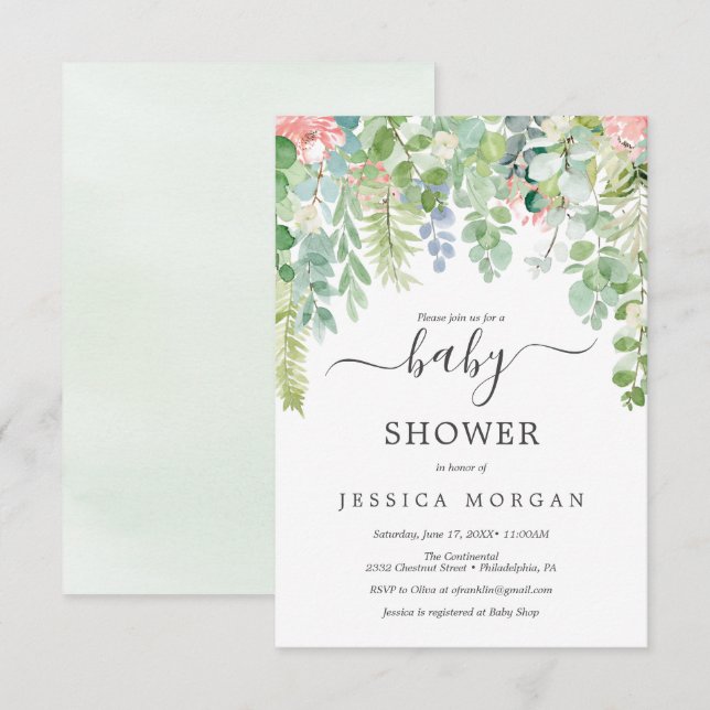 Einladungskarte für Soft Greenery Baby Shower (Vorne/Hinten)