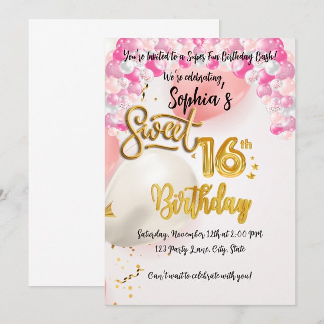 Einladungskarte für Süßigkeiten 16 zum Geburtstag (Vorne/Hinten)