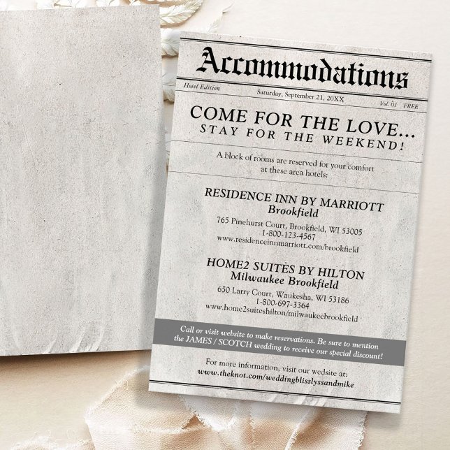 Einladungskarte für Zeitung (Unique elegant Newspaper style wedding invitation hotel accommodations enclosure card, black white)