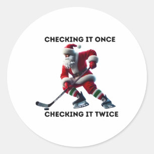 Einmal prüfen, zweimal prüfen Hockey Weihnachtsman Runder Aufkleber