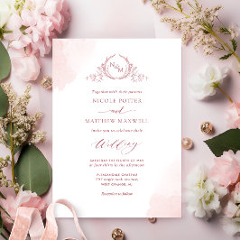 Einmalige Blush Pink-Aquarellsteine-Monogramm-Hoch Einladung