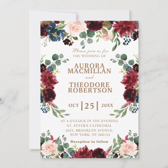 Einmalige Einladung zur Hochzeit von Burgund Rose  (Vorderseite)
