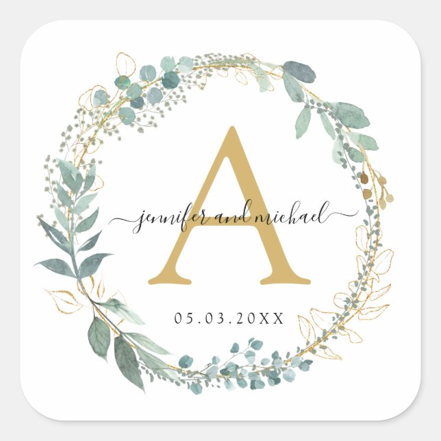 Einmalige, elegante Eukalyptus-Hochzeit Quadratischer Aufkleber (Vorderseite)