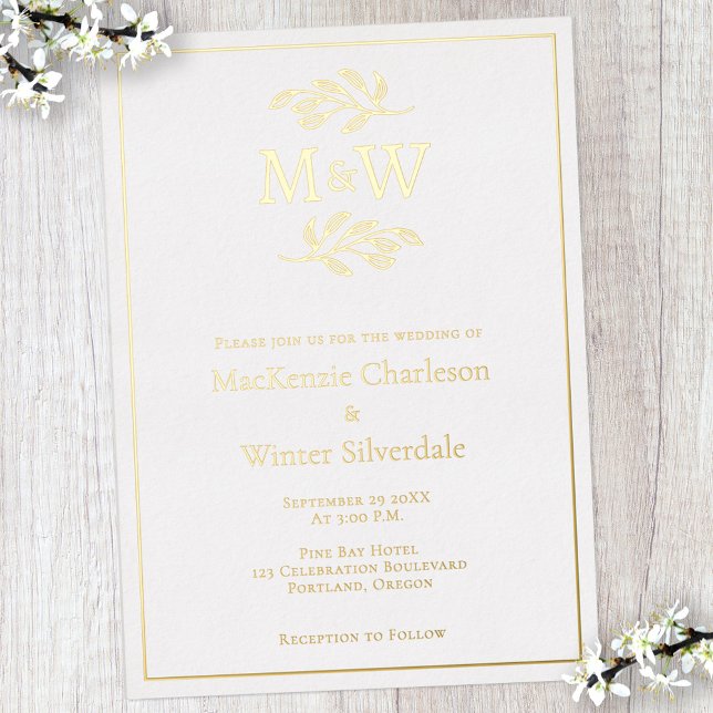 Einmalige Hochzeitscouple-Monogram-Initials Minima Folieneinladung (Modern gold foil wedding invitation with couple initials monogram and botanical leaf line art)