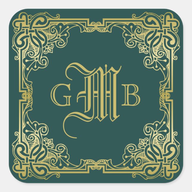Einmalige Hochzeitsmonogramm Gold Frame Dunkelgrün Quadratischer Aufkleber (Vorderseite)
