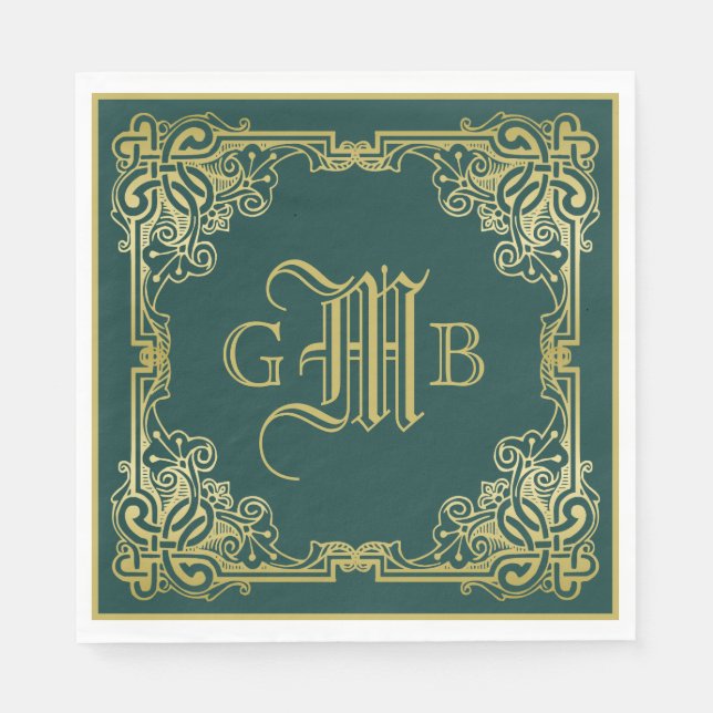 Einmalige Hochzeitsmonogramm Gold Frame Dunkelgrün Serviette (Vorderseite)