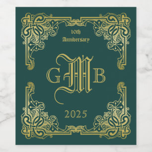 Einmalige Hochzeitsmonogramm Gold Frame Dunkelgrün Weinetikett