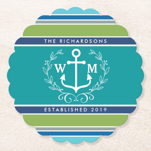 Einmaliger Anchor Laurel Wreath Aqua Stripes Untersetzer (Vorderseite)
