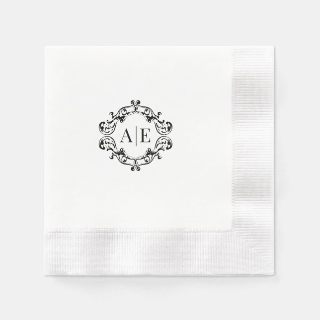 Einmaliges Schwarz-Weiß-Wappen-Monogramm-Hochzeit Serviette (Vorderseite)