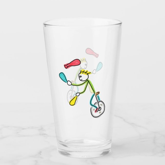 Einradfahrender Stockmann Jongleur Glas (Vorderseite)