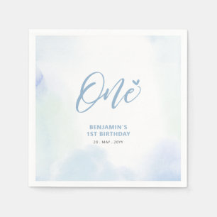 eins   Blue Heart & Watercolor Junge 1. Geburtstag Serviette