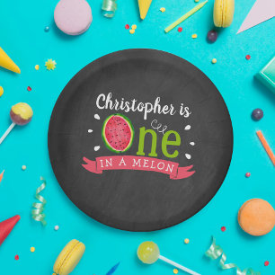 Eins in einem Melon Chalkboard 1. Geburtstag Pappteller