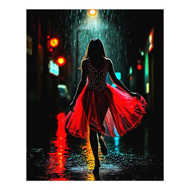 Einsame Anmut in Rot - Frau im Regen Fotodruck (Vorne)