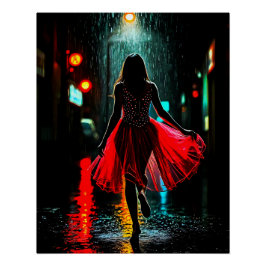 Einsame Anmut in Rot - Frau im Regen Poster