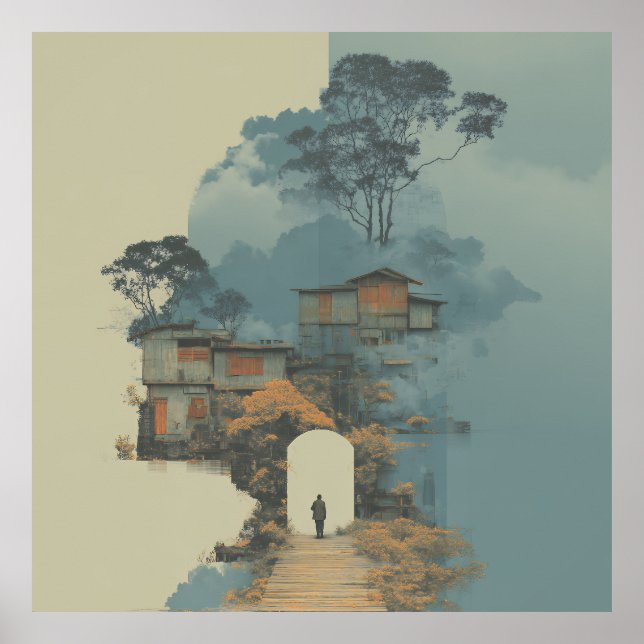 Einsame Figur Surreal schwebende Barackenstadt Poster (Vorne)