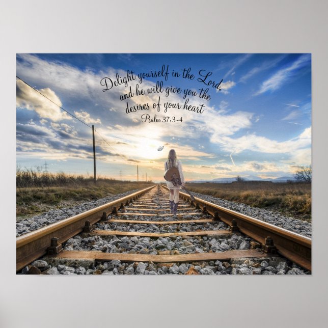 Einsame Musikerin auf Bahntrassen Poster (Vorne)