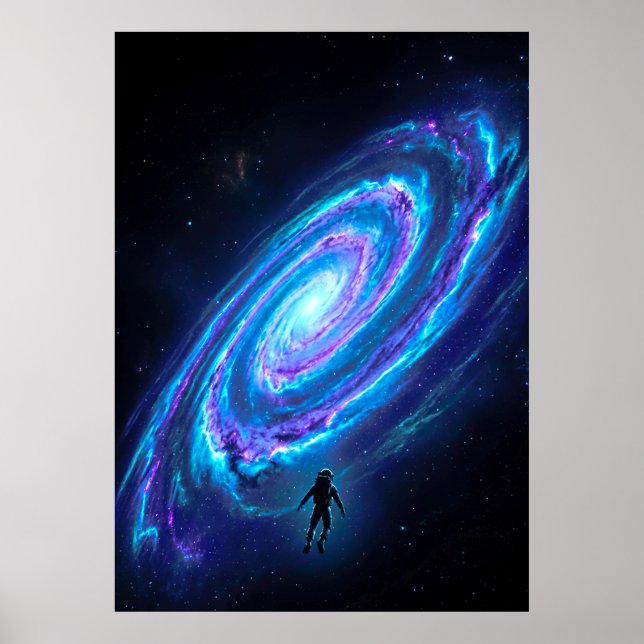 Einsamer Astronaut leuchtende kosmische Spiralgala Poster (Vorne)
