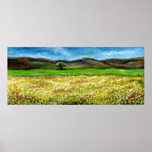 EINSAMER BAUM AUF DEM GELBEN BLUMENFELD, TUSCIEN POSTER
