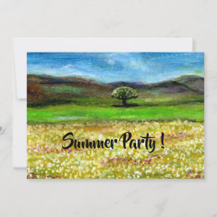 EINSAMER BAUM AUF GELBEM BLUMENFELD SOMMERPARTY EINLADUNG