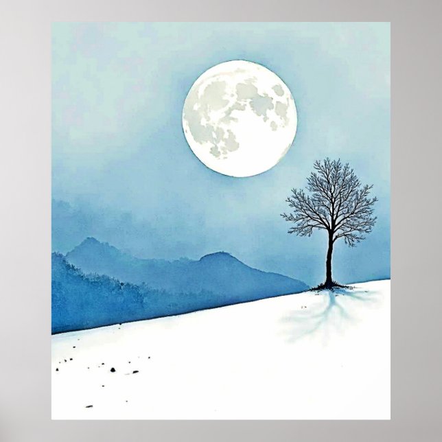Einsamer Baum: Friedliche Stille des Vollmonds Kun Poster (Vorne)