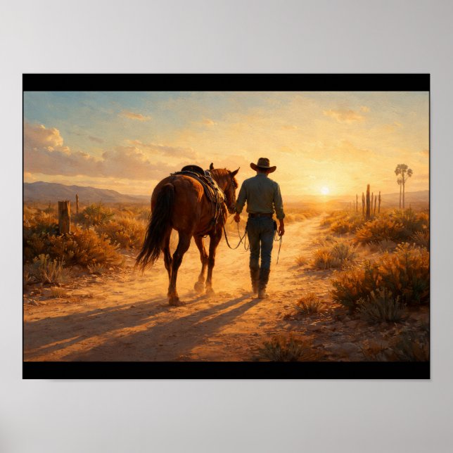 Einsamer Cowboy geht neben Pferd her Poster (Vorne)
