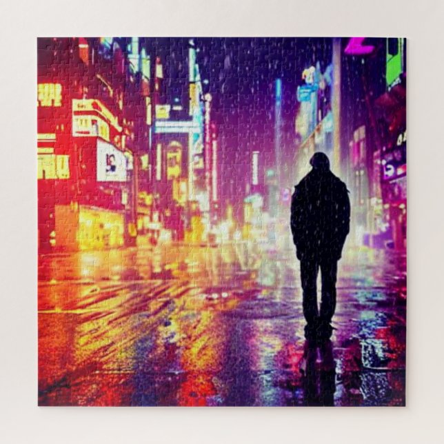 Einsamer Cyberpunk im Regenpuzzle (Vertikal)