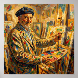 Einsamer Maler in einem goldenen Atelier Poster