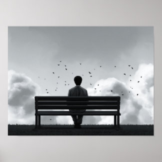 Einsamer Mann auf einer Bank, der Vögel beobachtet Poster