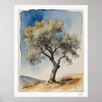 Einsamer Olivenbaum Botanischer Kunstdruck