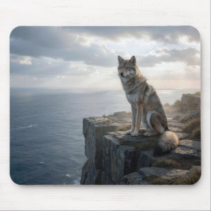 Einsamer Wolf auf einer felsigen Ozeanklippe Mousepad