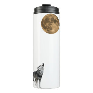 Einsamer Wolf heult bei goldenem Vollmond - Wildli Thermosbecher