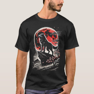 Einsamer Wolf im roten Mond - japanische Anime-Tat T-Shirt