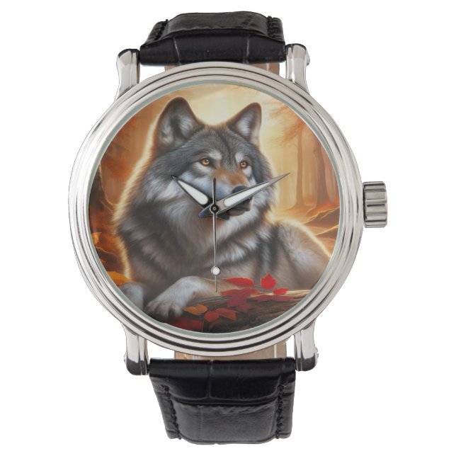 Einsamer Wolf im Wald: Einsamkeit mitten in der Na Armbanduhr (Vorderseite)