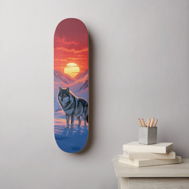Einsamer Wolf steht gegen das Sunset Skateboard (Wandkunst)
