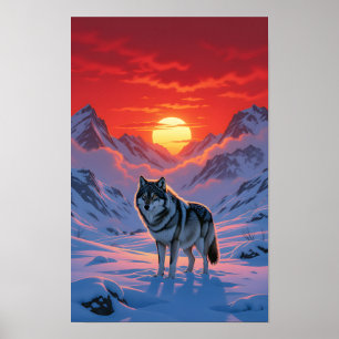 Einsamer Wolf steht gegen den Sonnenuntergang Poster