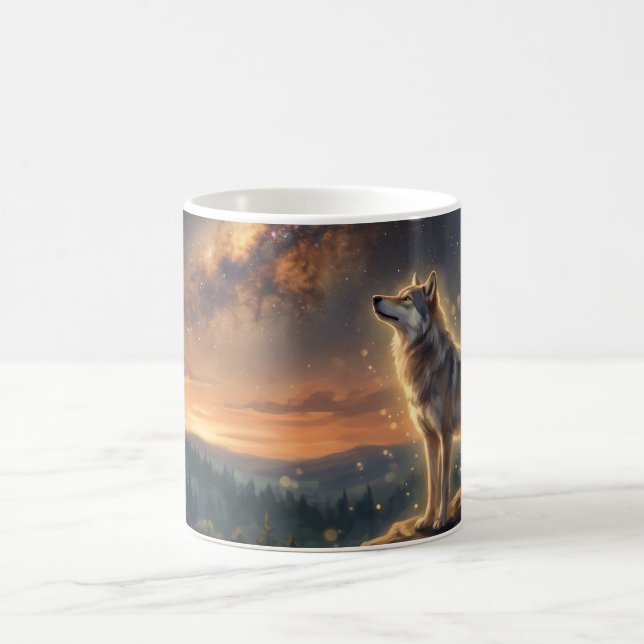 Einsamer Wolf unter dem sternenklaren Milchstraßen Kaffeetasse (Mittel)
