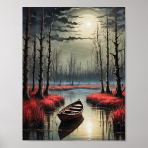 Einsames kleines Boot unter Mondlicht Poster