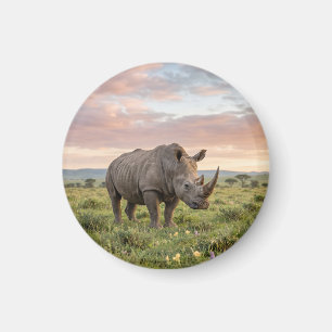 Einsames Nashorn in der Savanne bei Sonnenuntergan Magnet