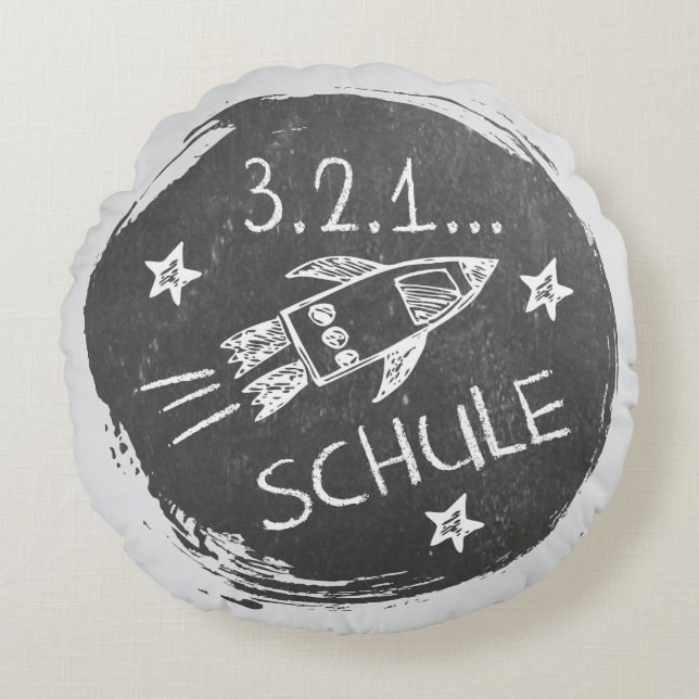 Einschulung - Schulanfang - Rakete auf Tafel | Rundes Kissen (Vorderseite)