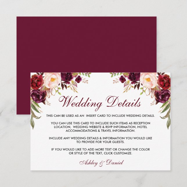Einsteckkarte für Burgund-Floral-Hochzeitdetails Begleitkarte (Vorne/Hinten)