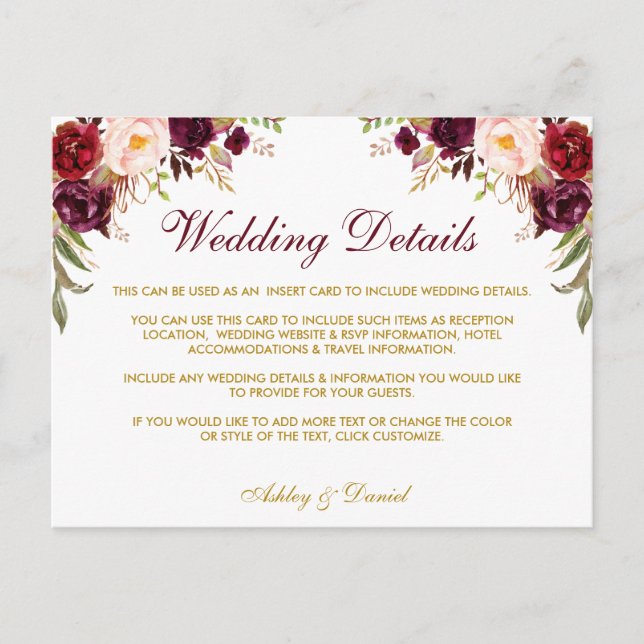 Einsteckkarte für Burgund-Floral-Hochzeitdetails Postkarte (Vorderseite)