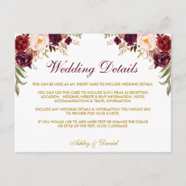 Einsteckkarte für Burgund-Floral-Hochzeitdetails Postkarte