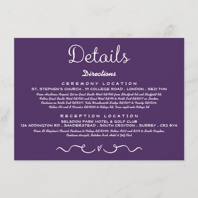 Einsteckkarte für Hochzeitdetails | Modernes Lila Begleitkarte (Vorderseite)
