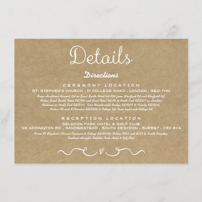 Einsteckkarte für Hochzeitdetails | Rustikale Kraf Begleitkarte (Vorderseite)