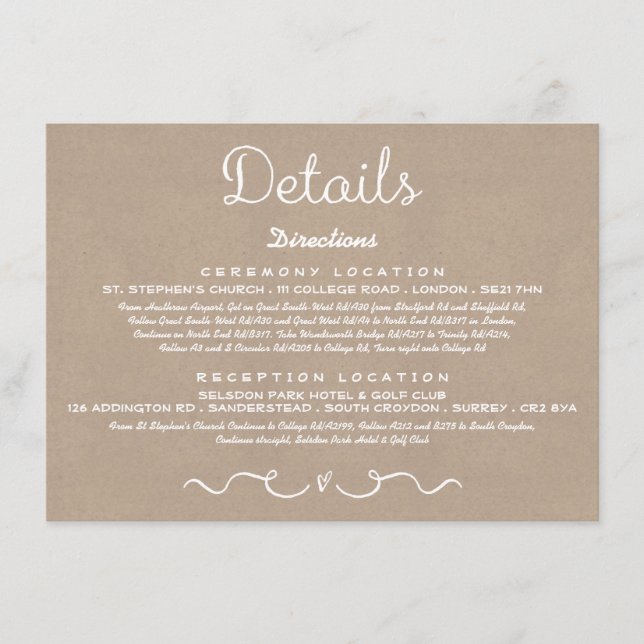 Einsteckkarte für Hochzeitdetails | Rustikale Kraf Begleitkarte (Vorderseite)