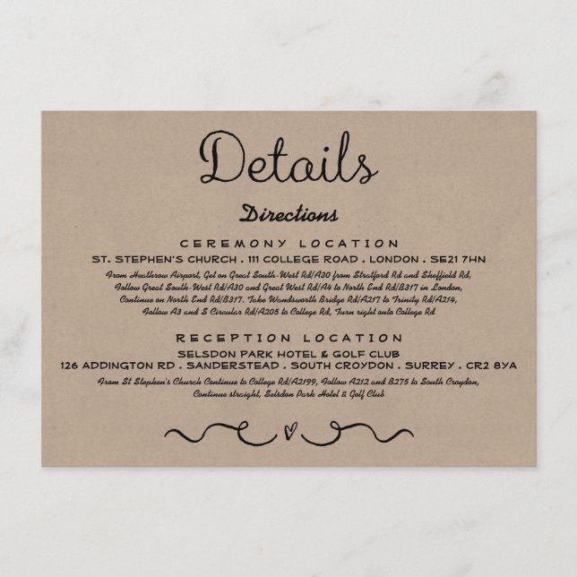 Einsteckkarte für Hochzeitdetails | Rustikale Kraf Begleitkarte (Vorderseite)